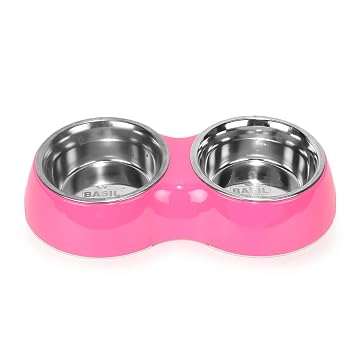 Double Dinner Set Basil Stainless Steel Food Water Feeding Bowls (Melamine Bowls Pink Color & Size: Large (1600ml) ) for Pets, Dogs, Cats, Puppy