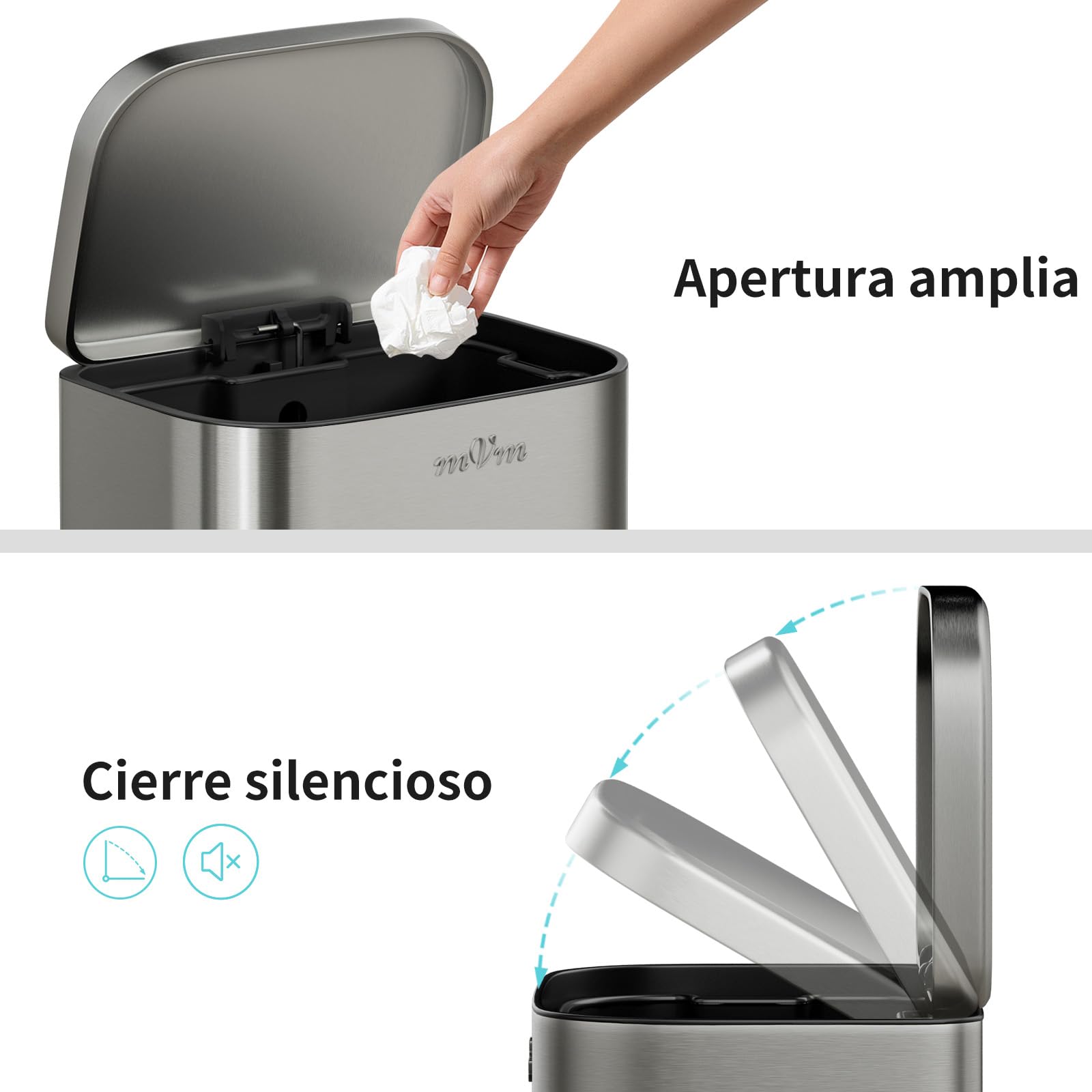 mVm Papelera de Cocina con Pedal 40L, Cubo de Basura Gris, Acero Inoxidable Antihuellas, Tapa Amortiguada Cierre Suave, con Cubo Interior Extraíble, para Cocina Oficina Baño