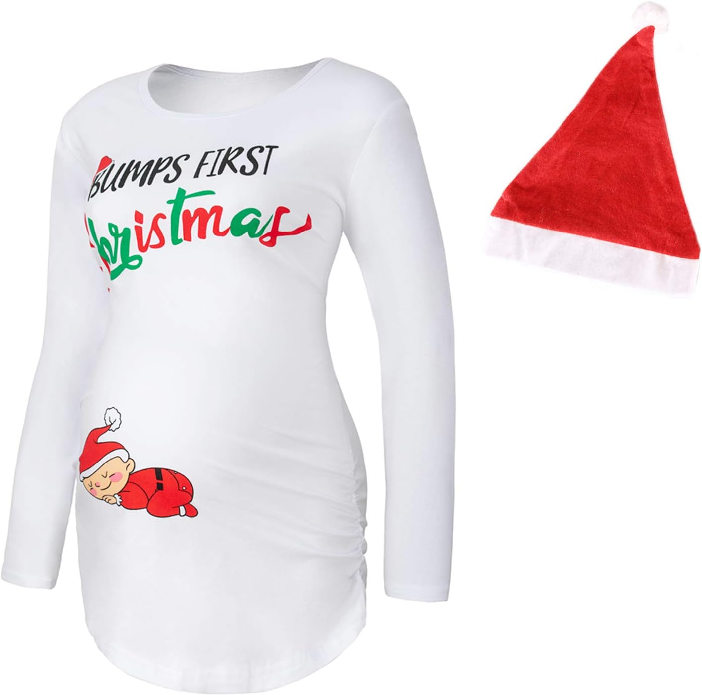 Women's Maternity Christmas Long Sleeve T-Shirt Side Ruched Tops Xmas Pregnancy Clothes