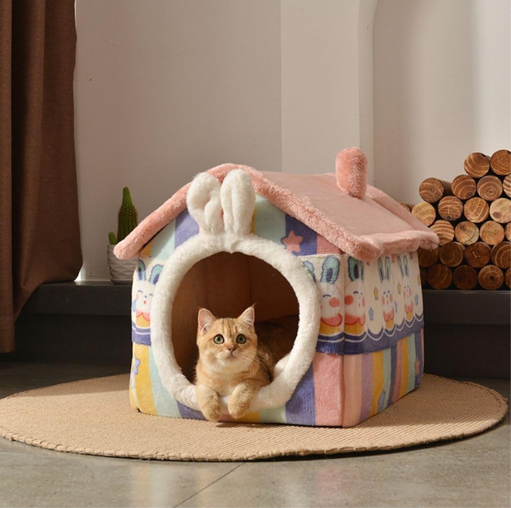 Warm Pet Dog Cat House Bed Kennel Soft Pet Indoor Tent Sleeping Nest Cushion Mat Foldable House Washable (Large,Pink-Rabbit)