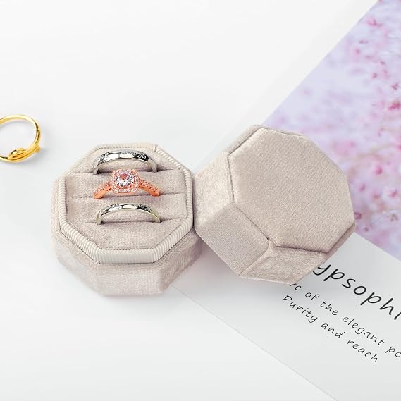 Velvet Ring Box 3 Slots, Premium Jewelry Ring Storage Gift Box Vintage Ring Display Holder Case for wedding ceremony Proposal Engagement (Beige)