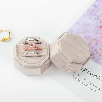 Velvet Ring Box 3 Slots, Premium Jewelry Ring Storage Gift Box Vintage Ring Display Holder Case for wedding ceremony Proposal Engagement (Beige)