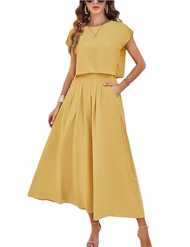 HangNiFang Summer Skirt Sets Women 2 Piece Outfits Cap Sleeve