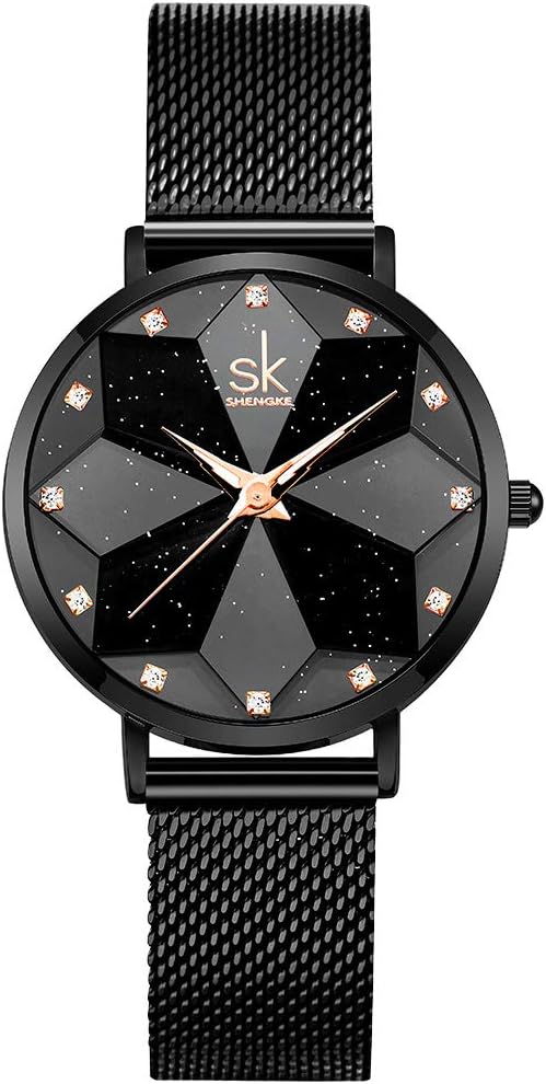 SHENGKE SK Ultra Thin Minialist Creative Starry Sky Women Watch with Genuine Leather Stainless Steel Mesh Band Floral Watch