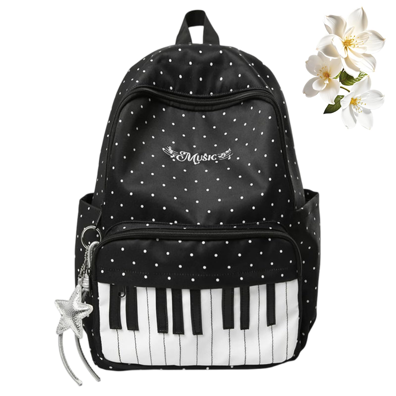 Klavier-Rucksack für Damen und Mädchen, Nylon-Schulrucksack mit Punkten und Anhänger für Schule, Studium, Reisen und Alltag (Black-B)