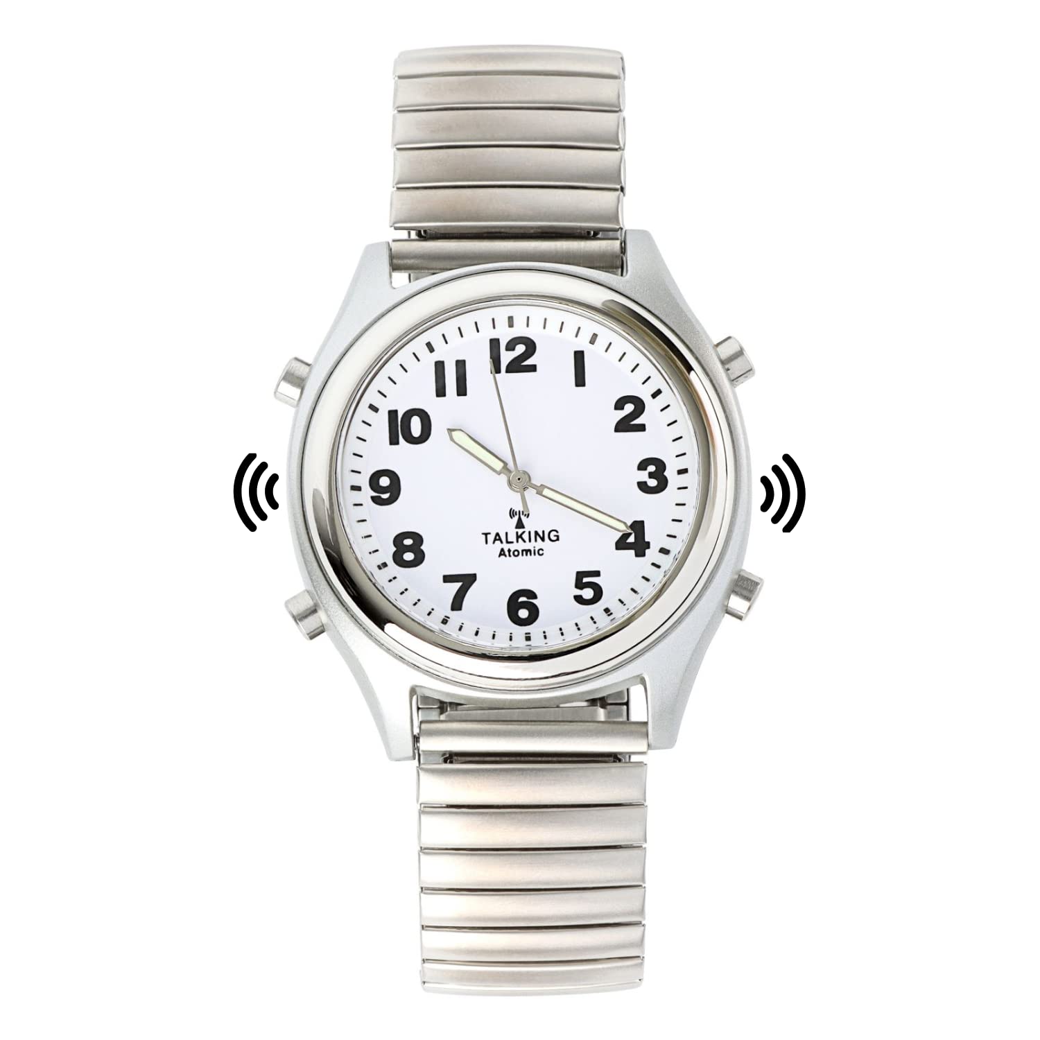 Talking Atomic Silver Reloj elástico | Reloj de pulsera parlante audible transparente con números grandes | Correa de acero elástico de plata inoxidable expandible | Anuncia hora y fecha | Diseño