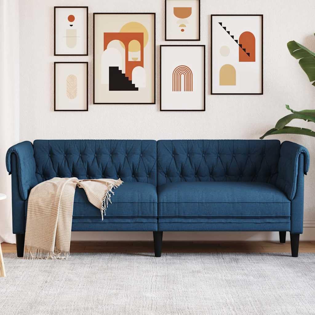 Divano Chesterfield 3 Posti Blu Tessuto | Schienale profondo, braccioli arrotolati, seduta imbottita, gambe robuste, capacità 110 kg per sedile