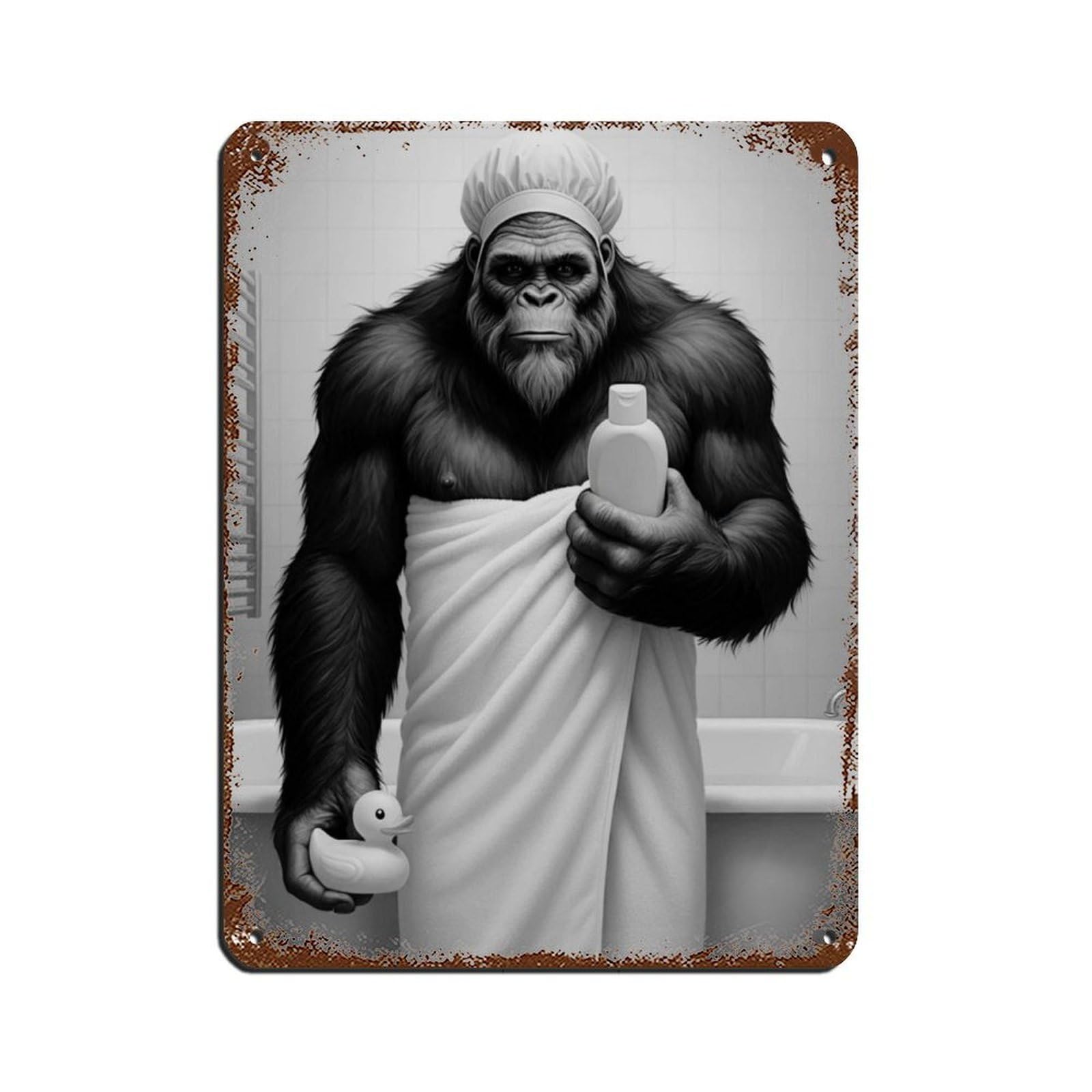Bigfoot in Towel with Rubber Duck And Soap Retro Poster Metal Tin Sign Chic Art Retro Iron Painting Bar People Cave Cafe Family Garage Poster Wall Decoration 12x16inch(30x40cm)