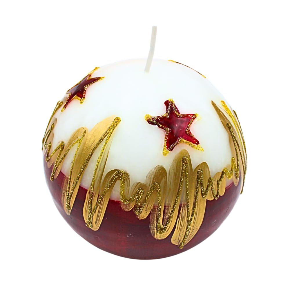 Elegant Ball Candle, Table Candle, Decorative Candle, Wax Candle with Christmas Motif, Christmas Candle as a Ball, 10 cm Christmas Star, in White, red and Gold.