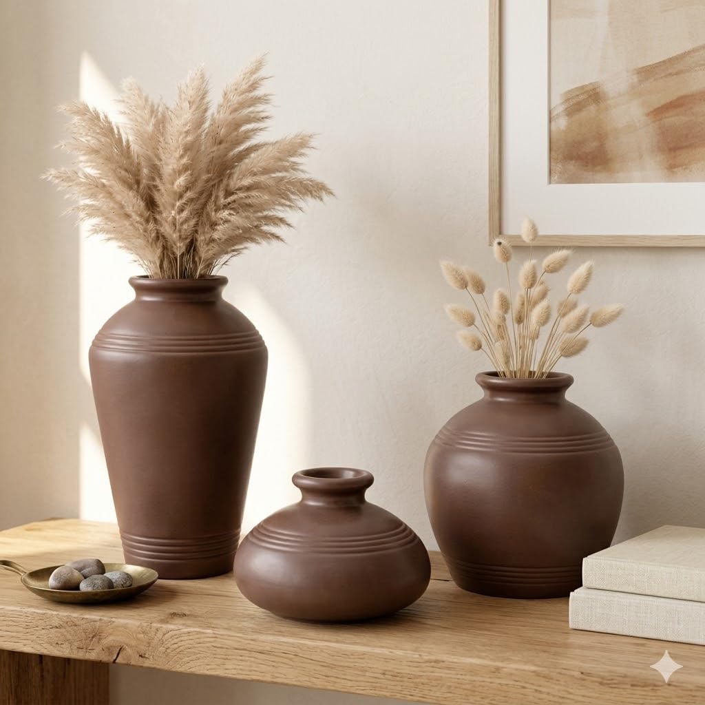 Ceramic Vase Set of 3, Brown, Decorative Pottery, Ribbed Design, Home Decor Textured Ribbed Design, Modern Minimalist Home Decor, Decorative Vases-image-12