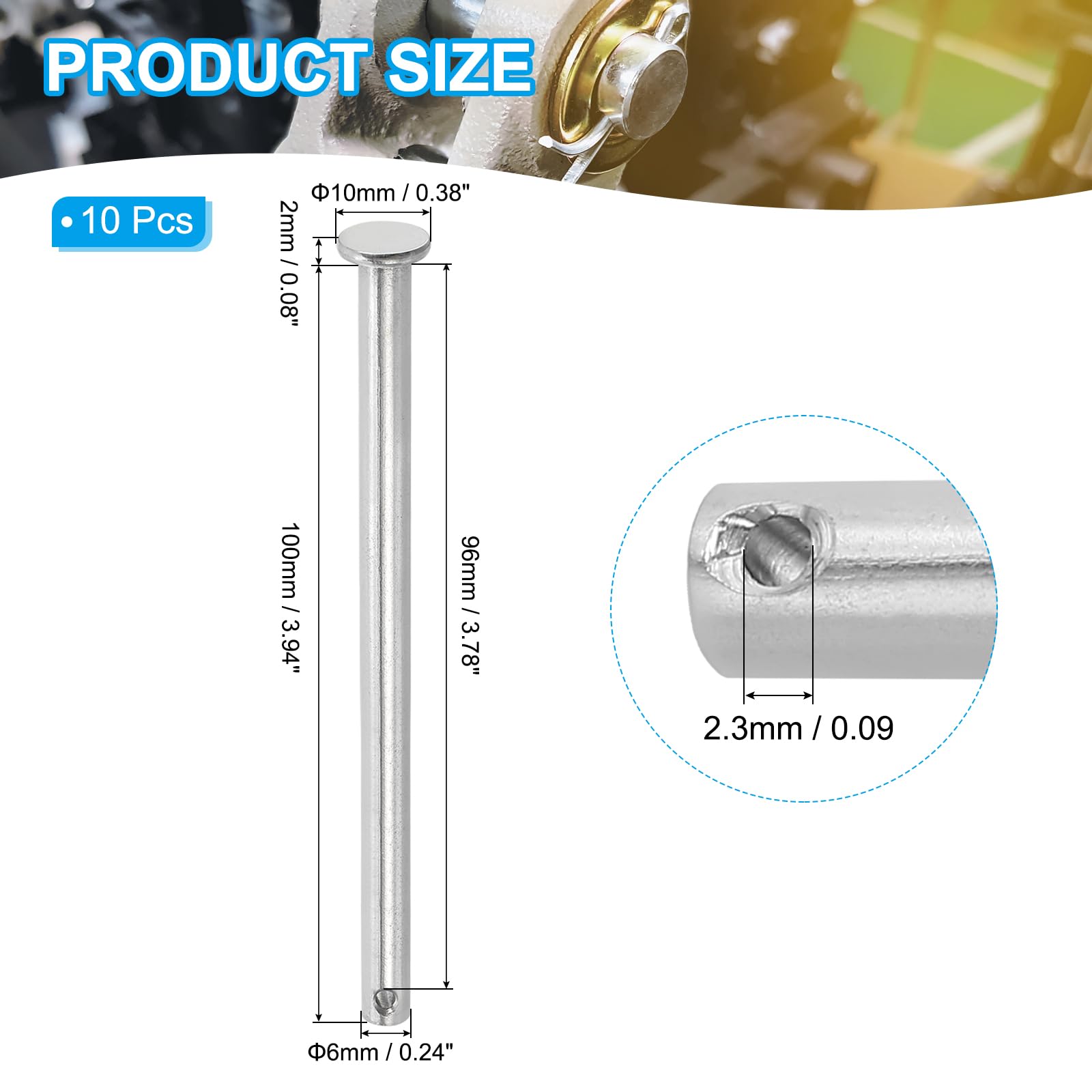 PATIKIL 6 x 100 Mm Single Hole Clevis Pins, 10 Pcs 304 Stainless Steel Flat Head Pin for Hitch Pin Lock Link Hinge Systems Silver - Image 2