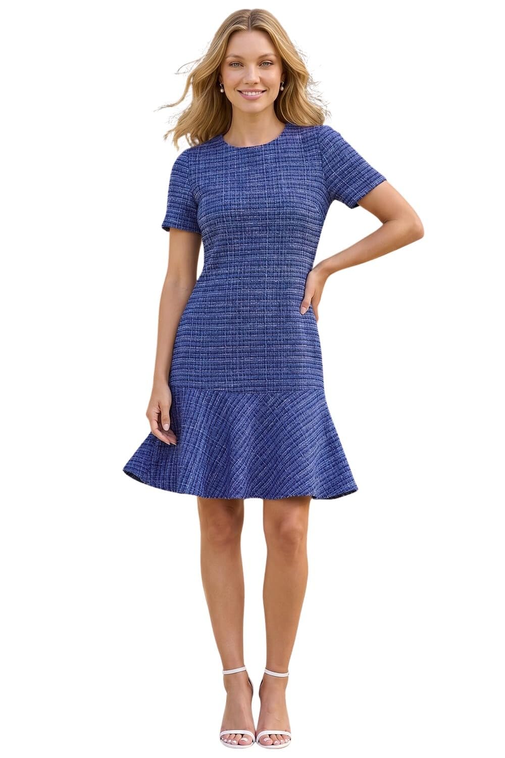 Roman Originals Women's Blue Textured Frill Hem Stretch Dress For Uk - Everyday Autumn Winter Round Neckline Comfy Soft Evening Vacation Work Party Night Out - Size 14
