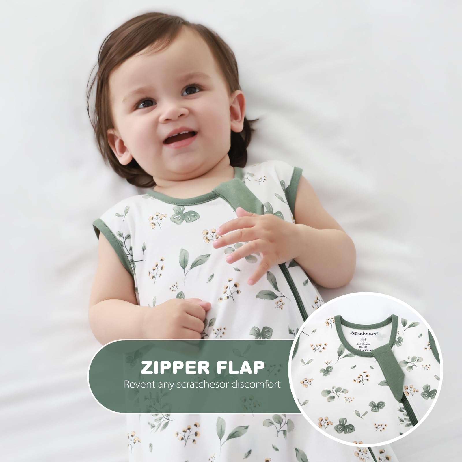 Mosebears 0.5 Tog Sacco Nanna in Cotone per Neonati, Estate - Per Bambini e Bambine(Dark Green&Plant,L(12-18 mesi))
