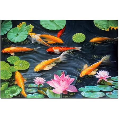 Amazon Com Hylove Fish Art Framed Original Contemporary Painitng Giclee Print On Canvas Beautiful Lotus Flower Feng Shui Koi Fish Painting Living Room Office Wall Art Home Decor 16x16 Inch Posters Prints