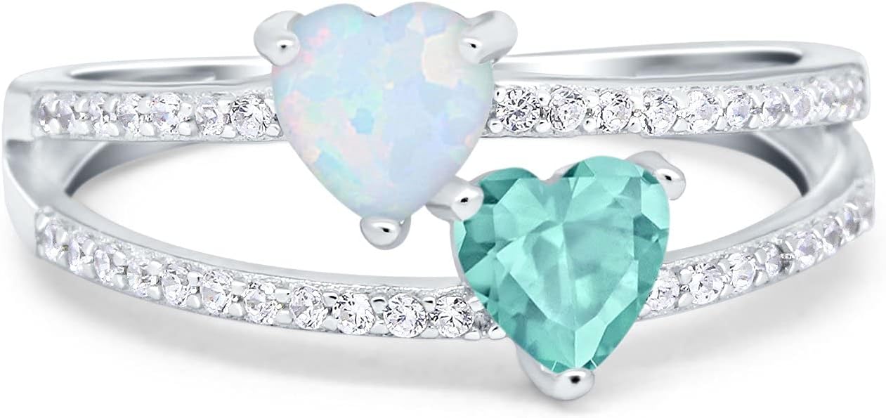 Blue Apple Co. Heart Promise Ring Double Heart Created White Opal Round Simulated Cubic Zirconia 925 Sterling Silver