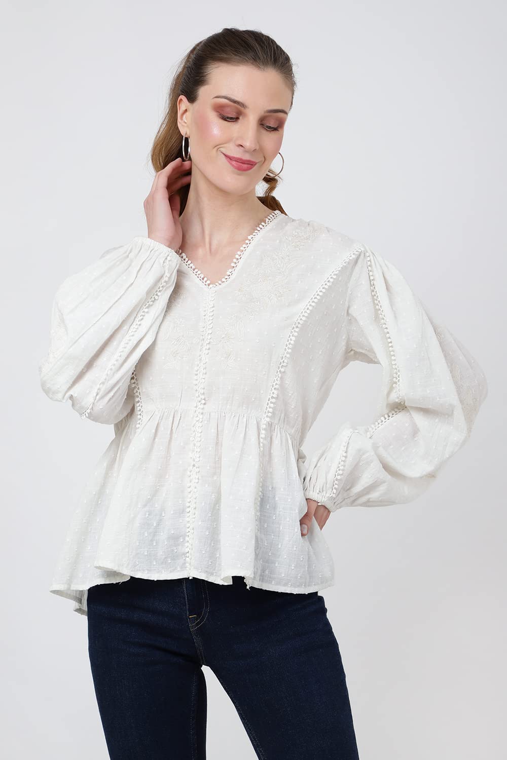 Miss Lavish London Peplum Tops for Women - Tops élégants et Chics à col en Vfemme - 101-Blanc cassé, Moyen