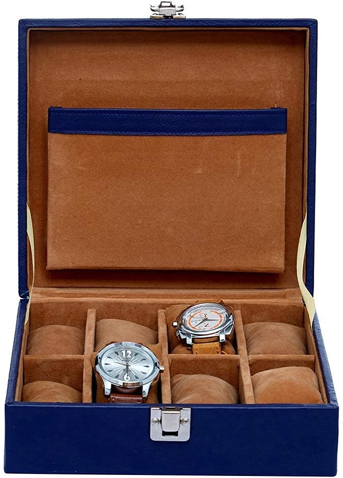 Leather World Watch Box Holder Organizer Case in 8 Slots of Watches for Men and Women (8 Blue)