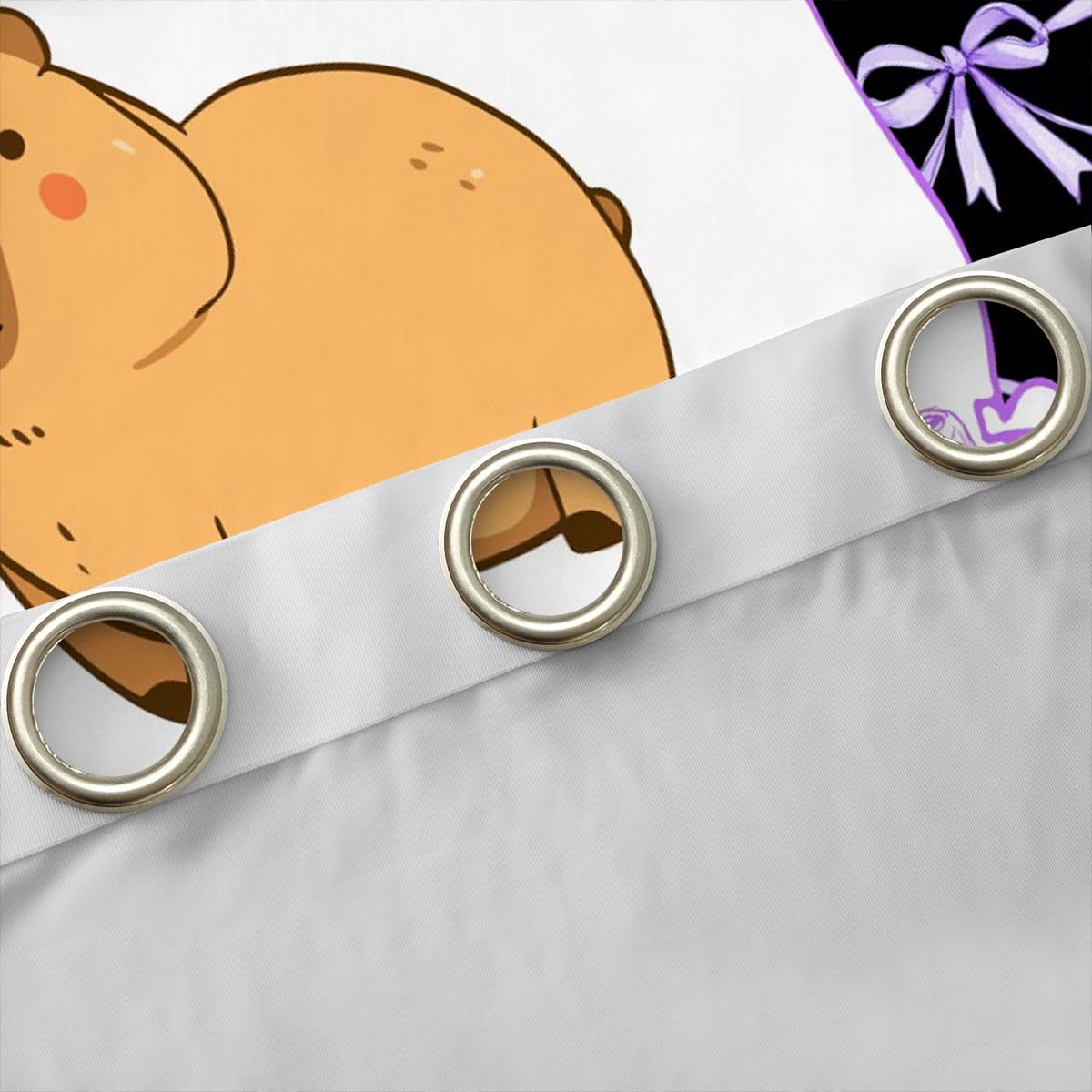 Homewish Urocze zasłony okienne kapibara, 117 x 137 cm, 2 zestawy paneli – czarno-fioletowa wstążka z kokardką, zasłony zaciemniające, kawaii, gryzonie, zwierzęta, kokardki, kokardki, muszka do