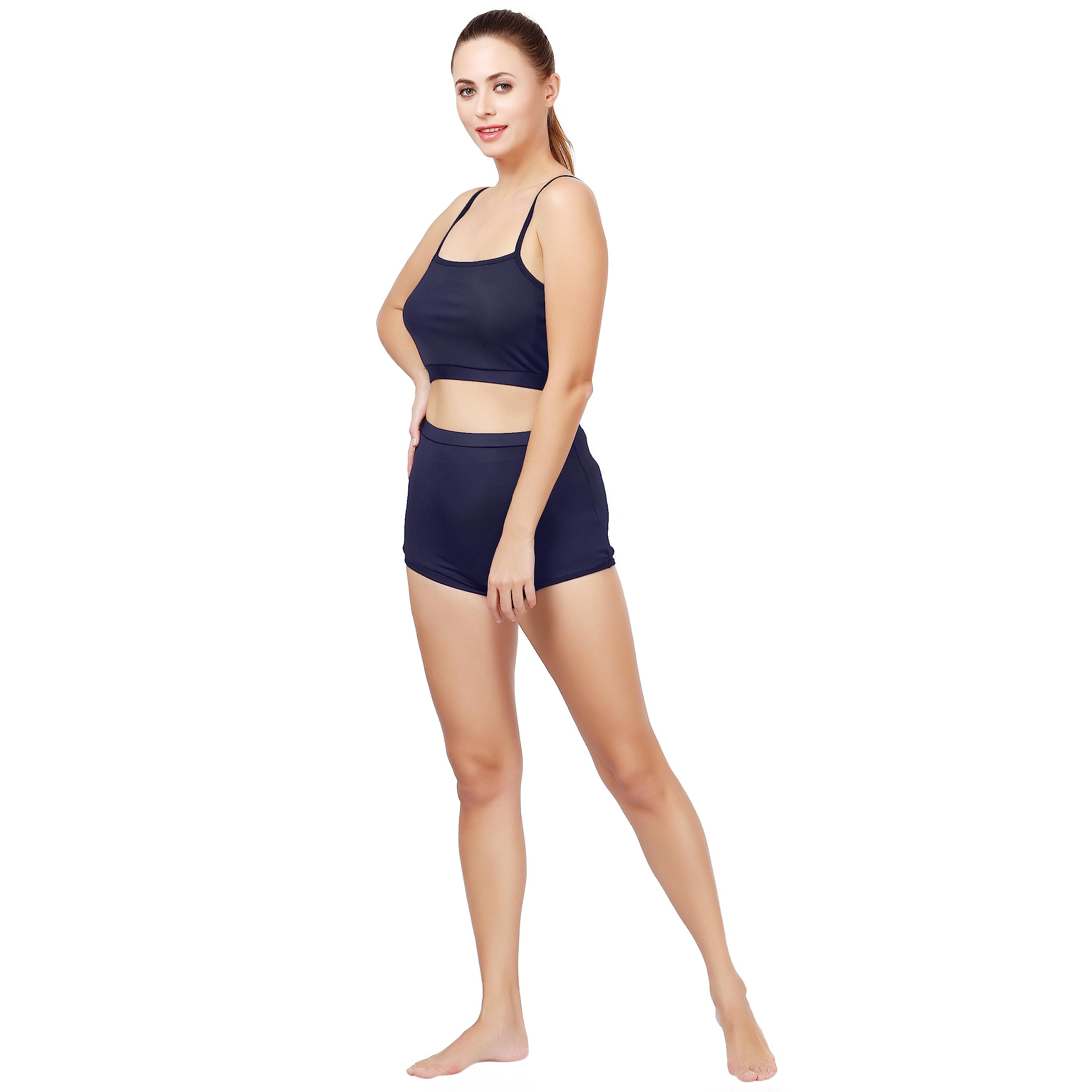 WAVEMAX Two Piece Swim Wear/Swim Suit with navy Blue Colour Padded Crop Top and Black Short for Women and Girls (80% Nylon 20% Spandex) (Comfort Fit) (XX-Large, Navy Blue) 1