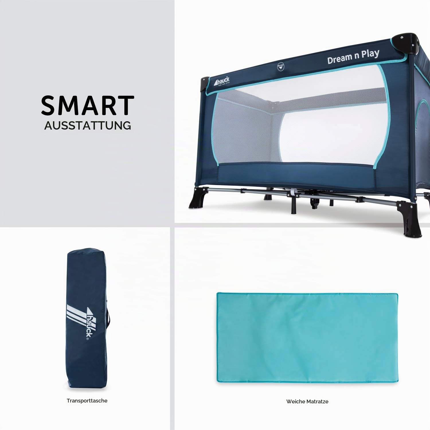 Hauck travel Bed Dream N Play Plus, incl travel Bed Mattress, Portable and Foldable, 120 x 60 cm, Blue & Sleeper Reisebett-/Schaumstoff Matratze, 60 x 120 cm, 6 cm hoch, Navy blau