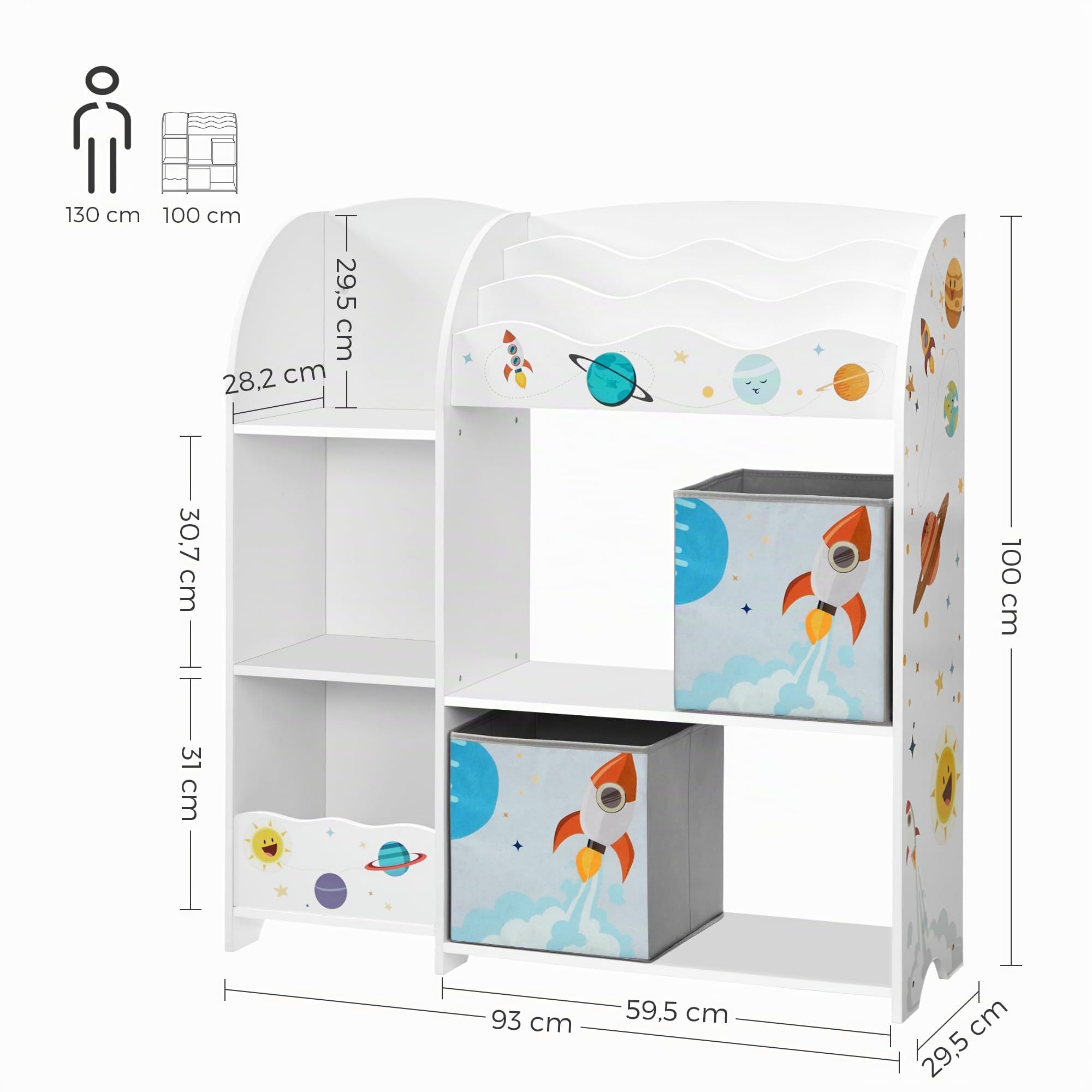 SONGMICS Étagère de Rangement pour Enfants, Bibliothèque, pour Livres et Jouets, Organisateur avec 2 Boîtes de Rangement, pour Salle de Jeux, Chambre d’Enfants, Salon, Blanc Nuage avec Motifs GKR42WT