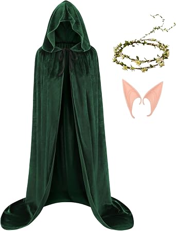 GRAJTCIN Velvet Hooded Cloak Full Length Adult Kids Halloween Party Cape for Witch Vampire Cosplay