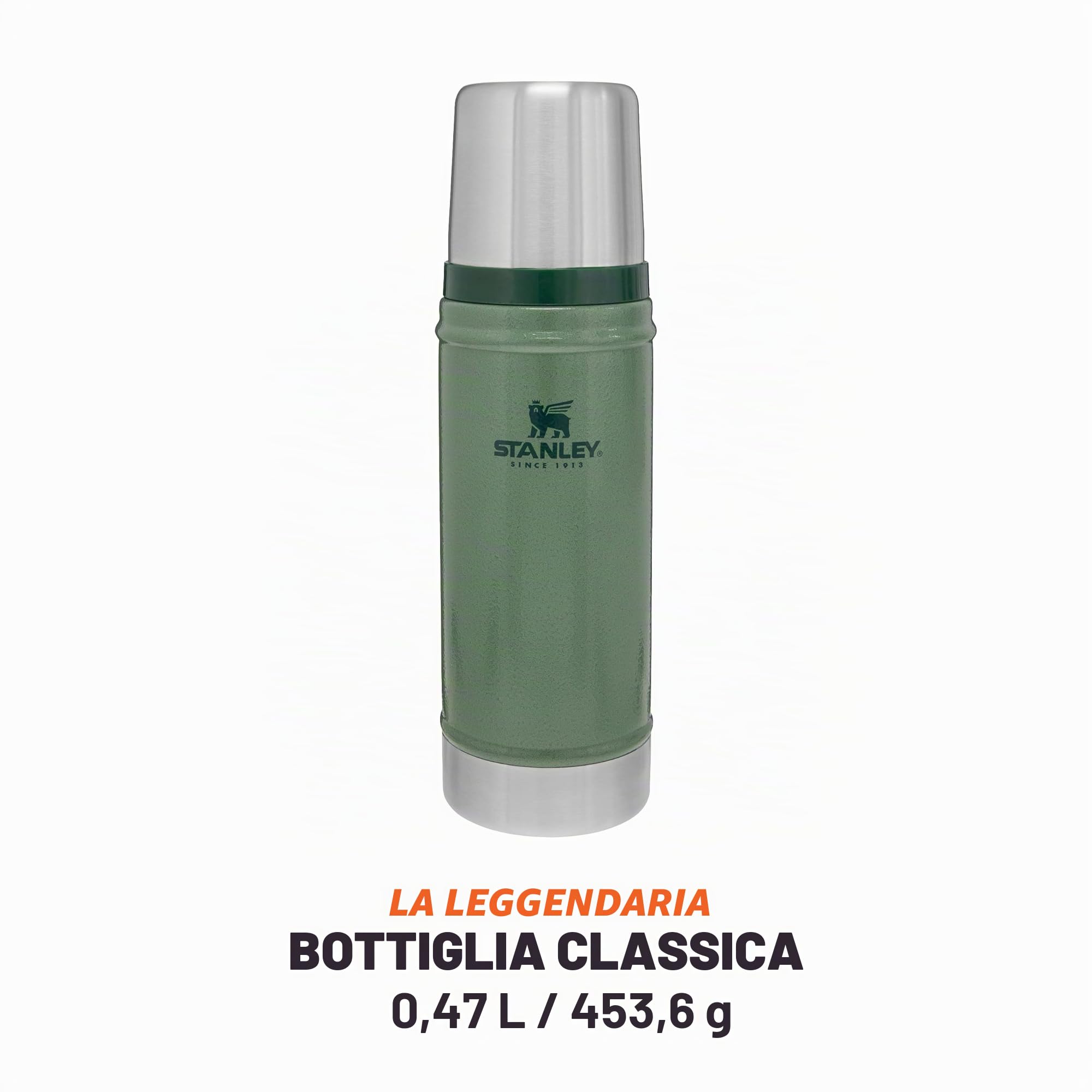 Stanley Classic Legendary Thermos 0.47L - Mantiene La Temperatura 15 Ore (Caldo/Freddo) - Borraccia Termica 500Ml - Senza BPA - Acciaio Inox - Termos - Hammertone Green