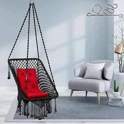 Patiofy Made in India Premium Square Shape Hammock Hanging Cotton Swing Chair with Red L Cushion & Accessories for Indoor & Outdoor/Kids & Adults/ 150Kg Capacity/Swing Cushion (33x26x66 Black)