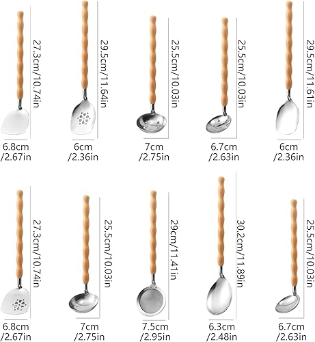 Miniatura 6 de 10Pcs Stainless Steel Kitchen Utensils Set with Natural Wood Handle Professional Cooking Tool for Home Cook