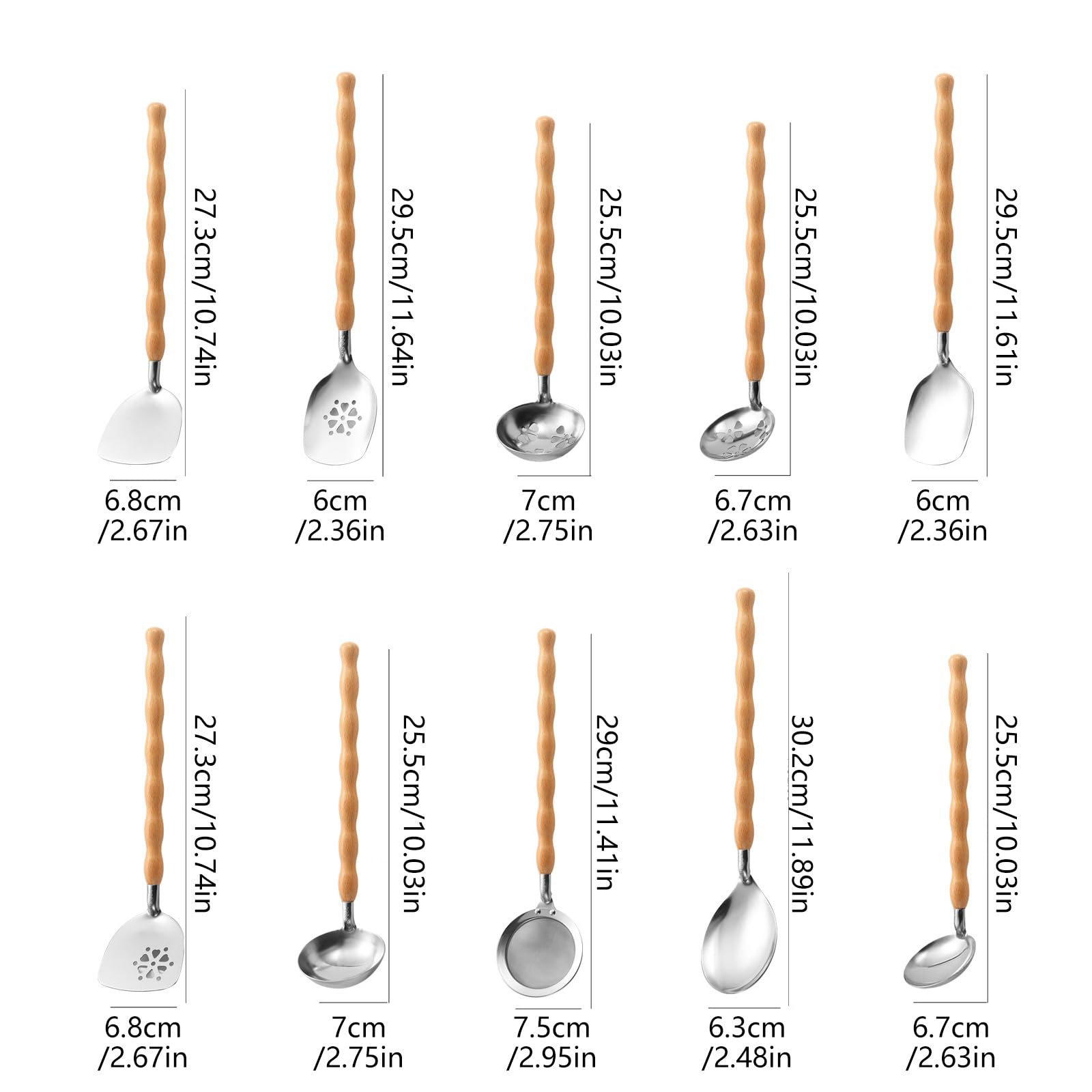 10-teiliges rostbeständiges Edelstahl Küchenwerkzeug Set, Naturholzgriff, Kochutensilien für sicheres, gesundes Kochen, ergonomisches Utensilien Set
