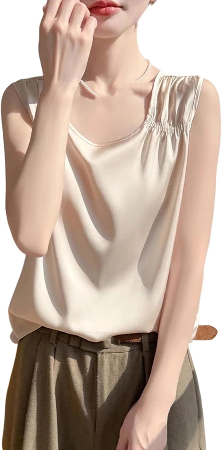 Women's Silk Strap Vest Summer Suit Solid Color Inner Match Vinegar Satin Design V-Neck Top Commute Style
