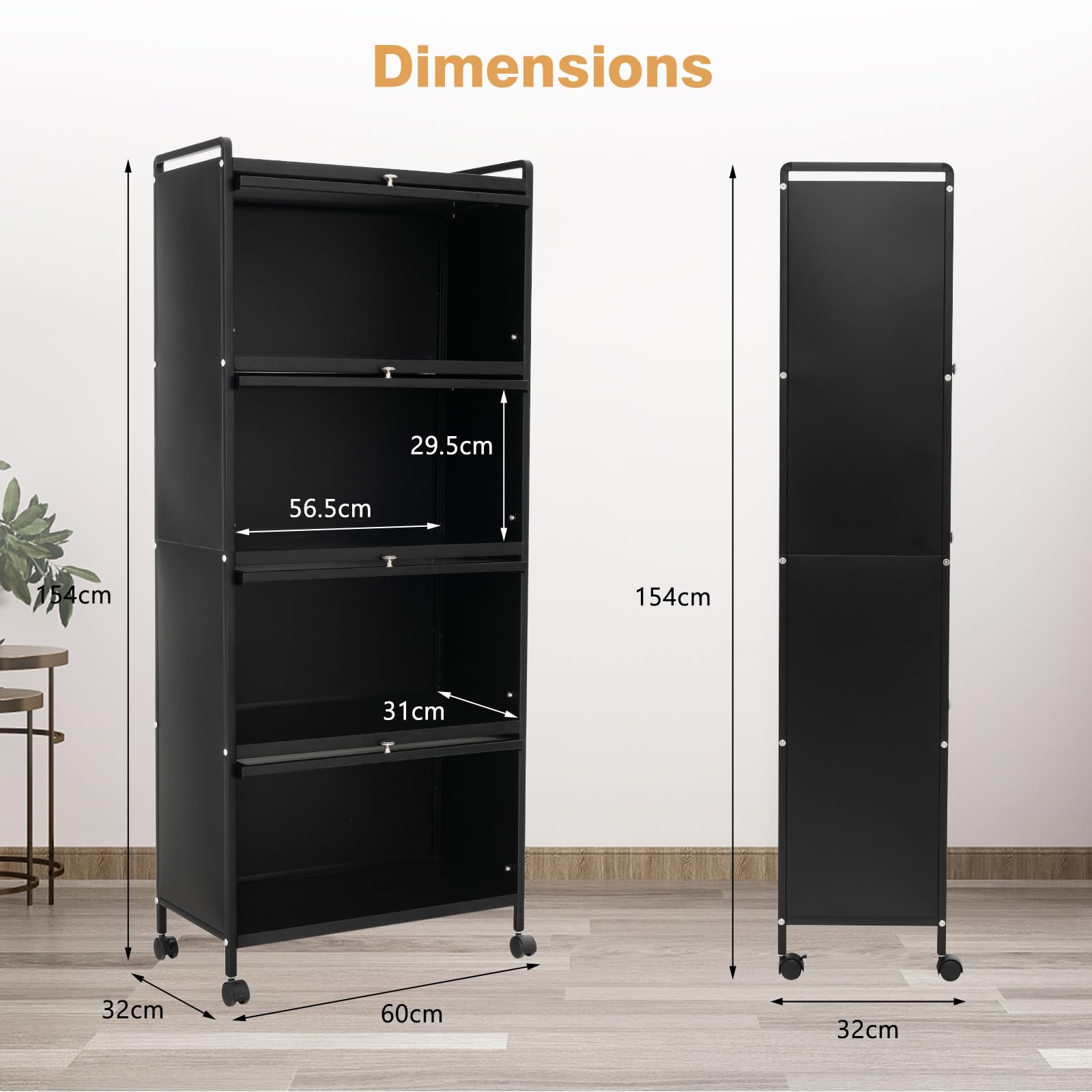 HOMASIS Étagère de Rangement à 5 Niveaux avec 4 roulettes Universelles, Organisateur avec Portes en PC Rabattables et Dispositif Anti-basculement, Meuble Rangement Mobile pour Salon Chambre Bureau