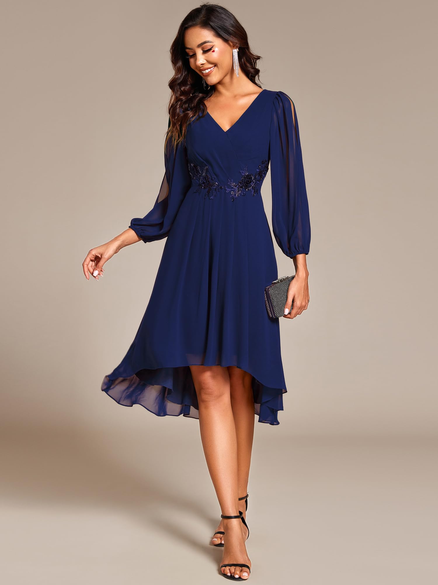 Ever-Pretty Vestito da Cerimonia Eleganti Abiti da Sera a Manica Lunga da Donna Davanti Corti e Posteriori in Chiffon con Applicazioni Lunghe EG02926