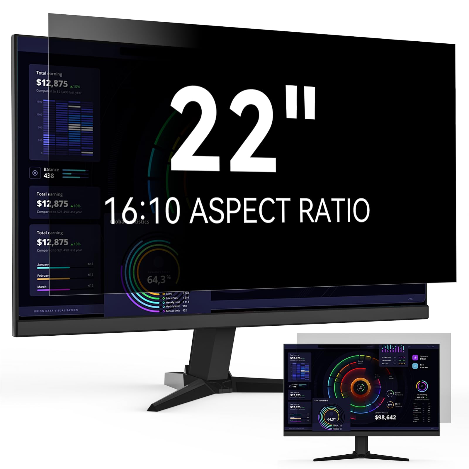 Protescreen 22 Pulgadas Filtro de Privacidad, Película Protectora de Pantalla Desmontable, Anti-Luz Azul Anti Espía Recubrimiento Anti-Reflejos Película para PC y Monitor 22" 16:10 Widescreen de