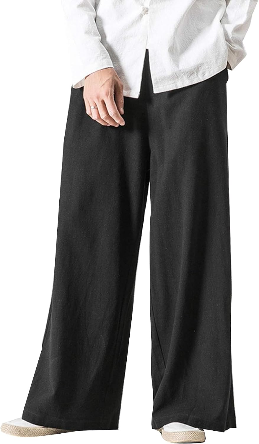 Arssm Mens Cotton Linen Pants Wide Leg Baggy Pants Elastic Waist Casual Summer Beach Palazzo Trousers
