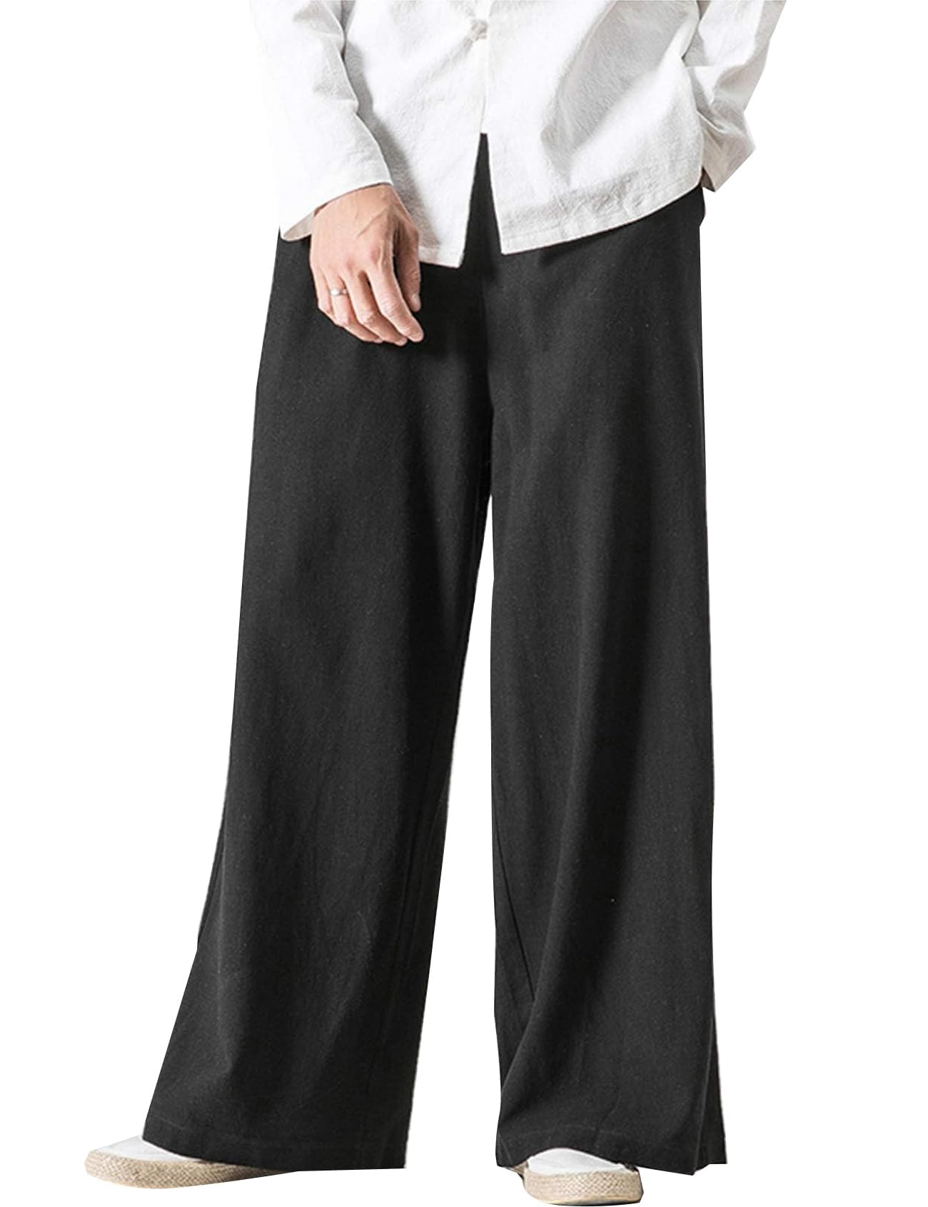 Arssm Mens Cotton Linen Pants Wide Leg Baggy Pants Elastic Waist Casual Summer Beach Palazzo Trousers Black-XL