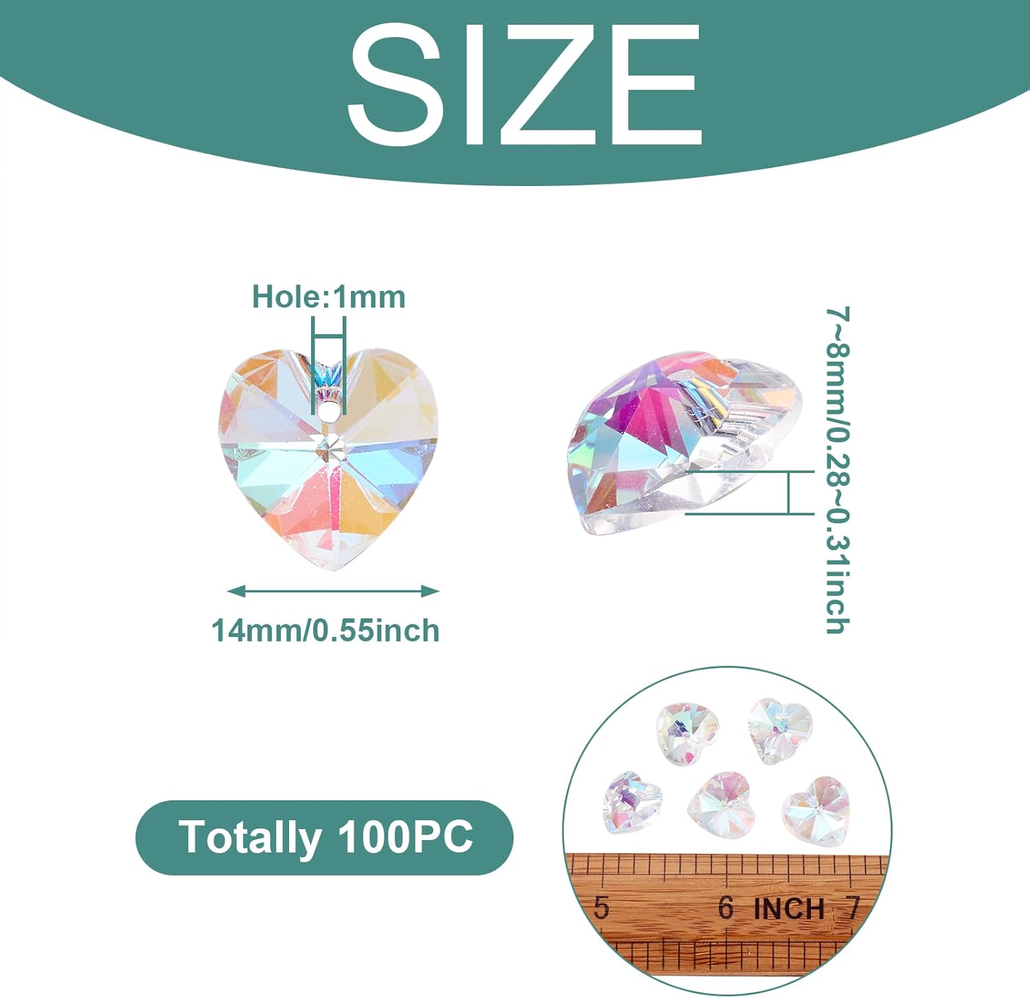 PH PandaHall Pandhall 100Pcs Faceted Crystal Glass Heart Beads Hanging Pendants AB Color Plated Clear for Bracelet Making 14x8x1mm(0.55"x0.31"x0.04") - Image 2