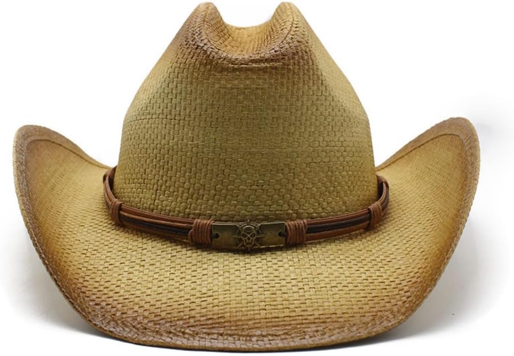 Western Straw Cowboy Hat with Leather Band, Natural Tan, Wide Brim