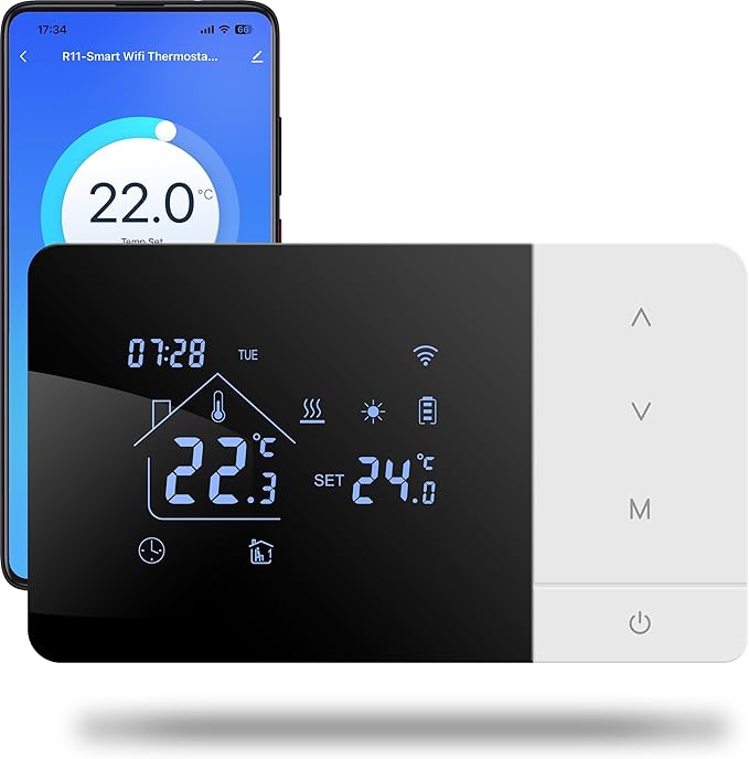 termostato de batería WiFi de 2 Hilo para Control de calderas de Gas Termostato Tuya programable Diariamente, Compatible con Control por Voz de Google y Alexa.W506 3A