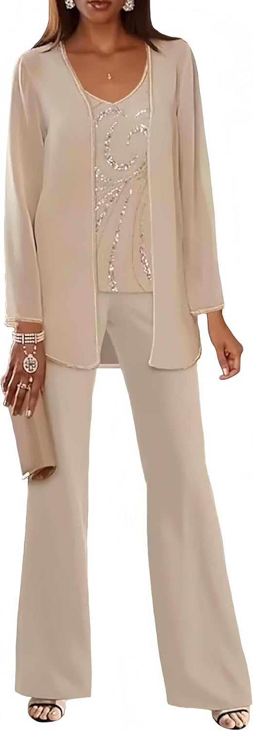 Wome's Sequin Mother of The Bride Pant Suit with Jacket 3 Pieces Lace Chiffon Formal Wedding Outfits - Image 6