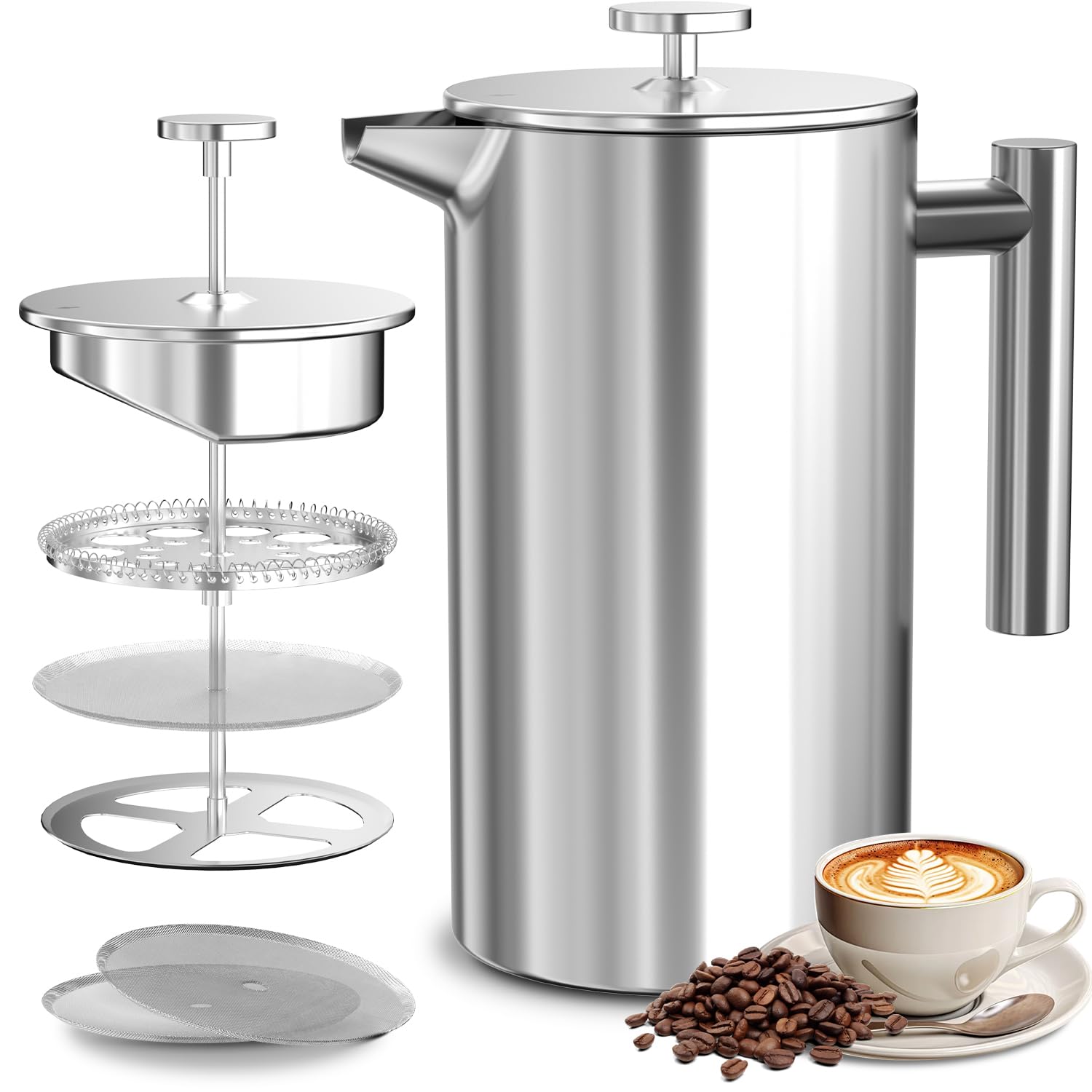 VOSFEEL French Press 600ML, Cafetiere 4 Cup, Stainless Steel Coffee Press, Double Wall Insulation, 3 Level Filtration System, Heat Resistant, Easy to Clean