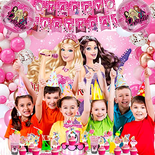 221 Pcs Pink Style Birthday Party Supplies, Pink Theme Birthday Party Decorations Include Banners, Cake & Cupcake Topper, Backdrop, Tablewares, Balloons, Invitation Cards And Stickers For Girls #TOP6