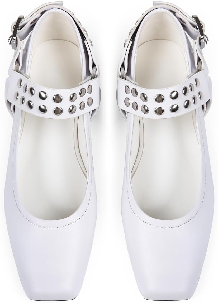 Mary Jane Flats for Women Square Toe Ballet Flats Studded Ankle Buckle Strap Comfortable Dressy Ballerina Shoes