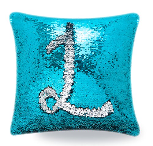 Livedeal 40x40cm Sequins Mermaid Reversible Pillow Case, Light Blue and Silver