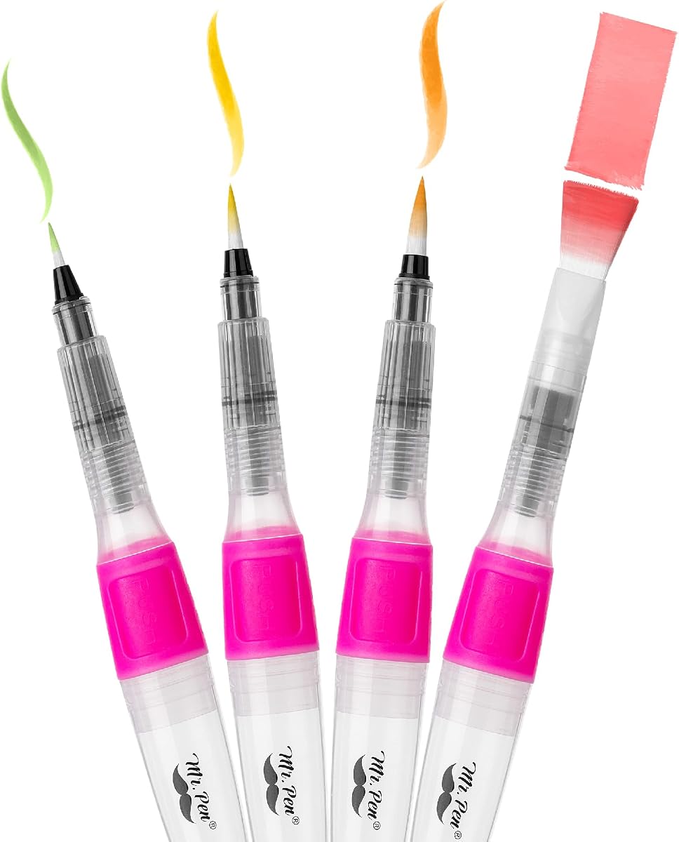 Mr. Pen- Watercolor Brush Pens, 4 pcs, 3 x Point Tips and Flat Tips Styles | Large, Nylon Bristles, Refillable Watercolor Pens for Acrylic, Gouache, Crayons, Ideal for Artists, Drawing, Sketching