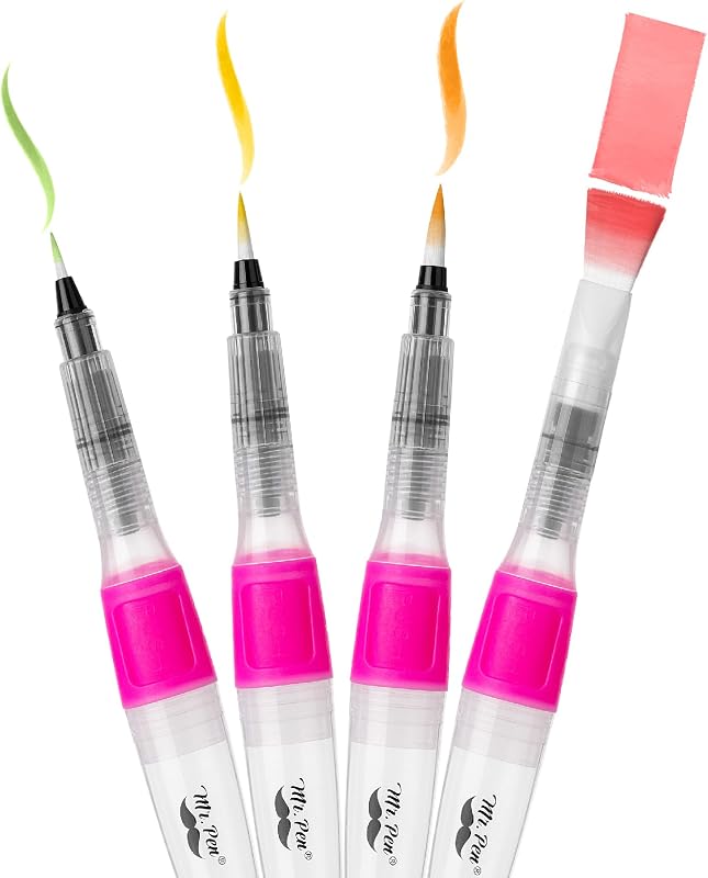 Mr. Pen- Watercolor Brush Pens, 4 pcs, 3 x Point Tips and Flat Tips Styles | Large, Nylon Bristles, Refillable Watercolor Pens for Acrylic, Gouache, Crayons, Ideal for Artists, Drawing, Sketching