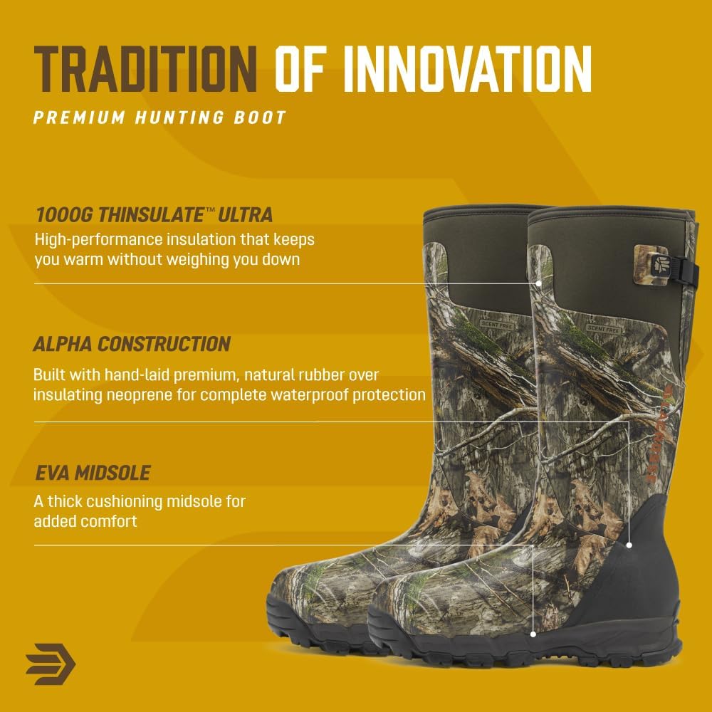 LaCrosse Alphaburly Pro 18” 1000G Insulated Hunting Boots for Men - Waterproof Rubber and Neoprene with Quick-Dry Liner, Active Fit, and Burly Outsole, Mossy Oak Country DNA 1000G - 10M