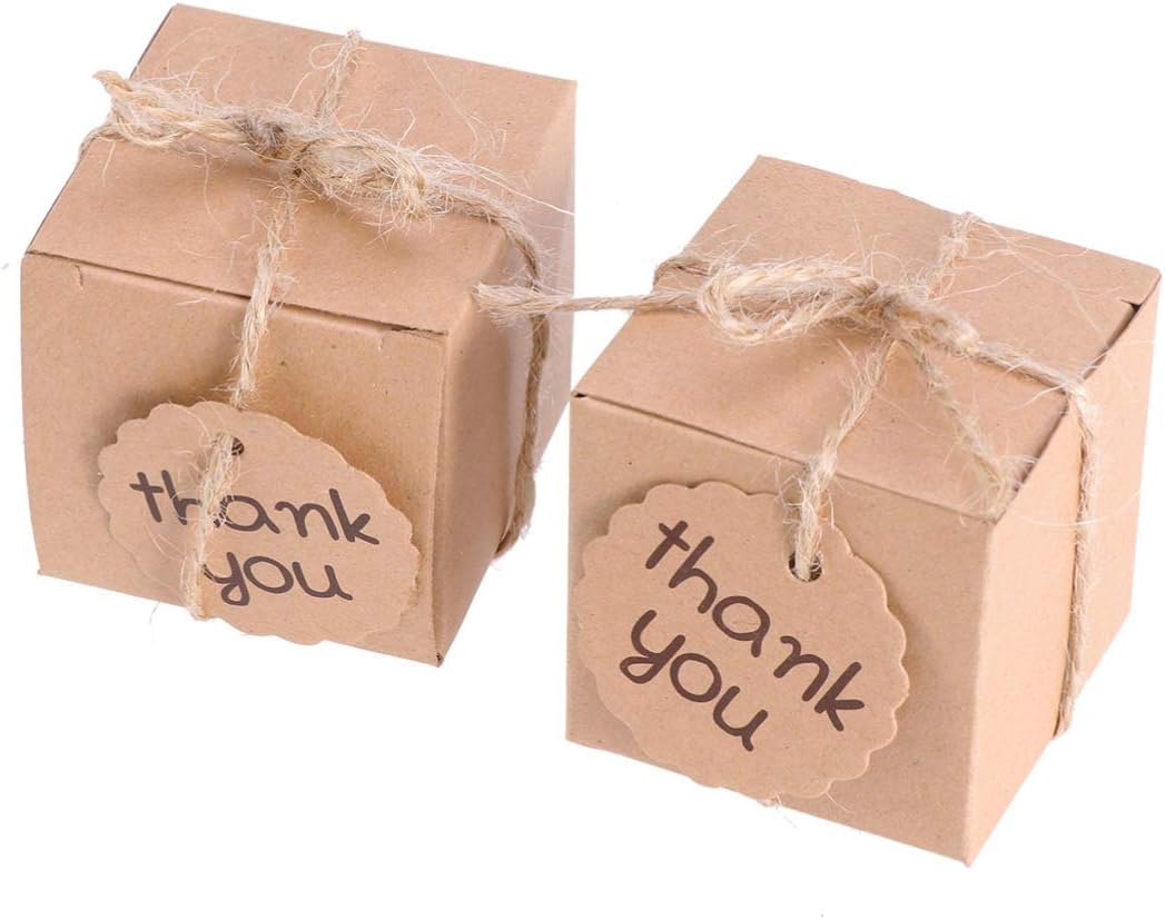 Toddmomy 100pcs/50 Sets Thank You Boxes Kraft Box with Rope Favor Boxes Treat Boxes for Wedding Favors Baby Shower Birthday Party Supplies (Square)