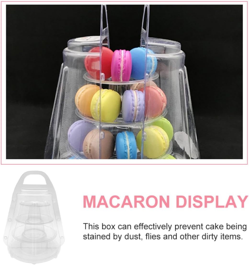 Four Layered Macaroon Storage Box with Handle Design, Portable Plastic Macaron Display Stand, Easy to Clean Small Cake Box for Bakery and Grocery Store