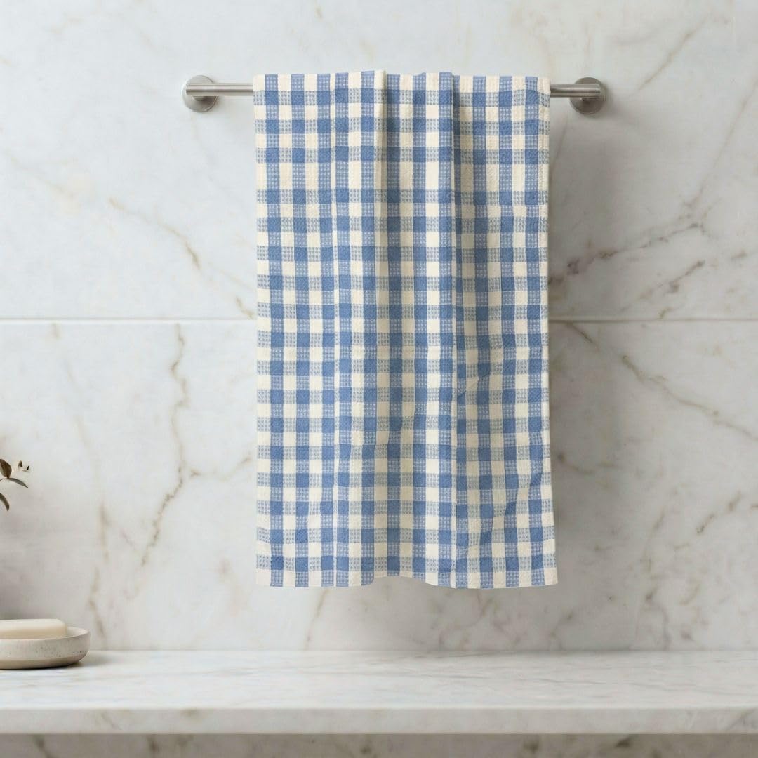 Athom Living Premium Cotton Bath Towel, Light Weight, Quick-Dry & High Absorbent, Blue Checks Design, Soft Skin-Friendly Fabric, 75x150 cm, Pack of 1